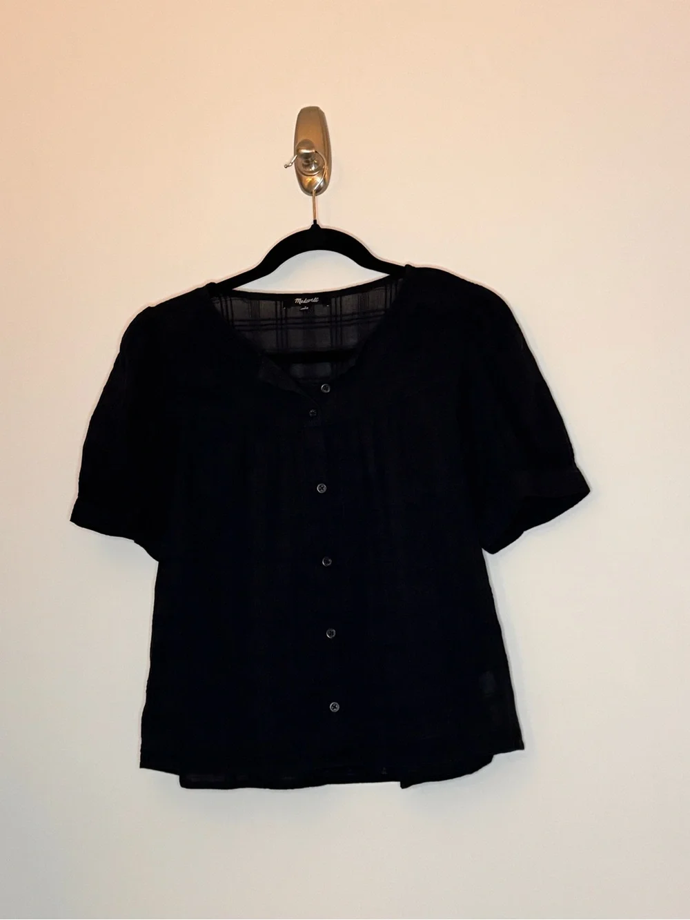 Madewell Puff-Sleeve Yoke Button-Front Top in Textured Plaid